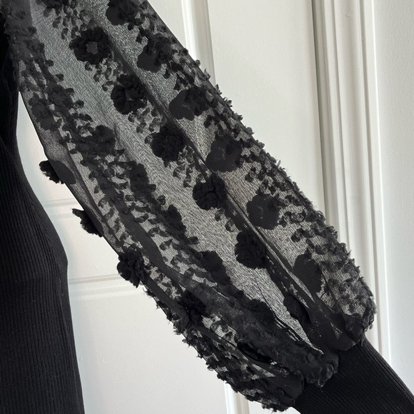 Almost Famous Black Stretch Knit Bodycon Dress Mock Neck Sheer Bishop Sleeves L - Picture 7 of 16